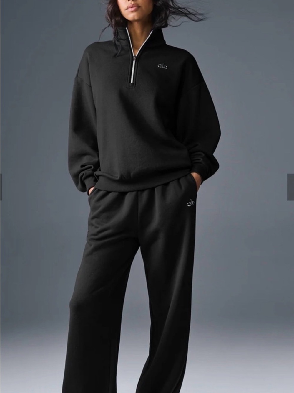 ALO Yoga Men Black Relaxed Wide-Leg Sweatpants and quarter zip hoodie